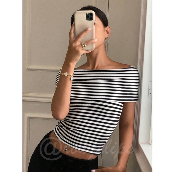Striped Black White Rib Knit Fold Over Off Shoulder Slim Top Shirt - Picture 9 of 15